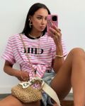 LA MILLA BLUZKA T-SHIRT CHIC Z WĘZŁĘM W PASY CZERŃ/BIEL/RÓŻ - 4