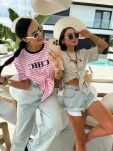 LA MILLA BLUZKA T-SHIRT CHIC Z WĘZŁĘM W PASY CZERŃ/BIEL/RÓŻ - 4