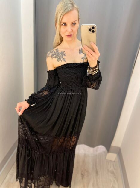 BY O LA LA! SUKIENKA MAXI BOHO Z KORONKĄ CZARNA