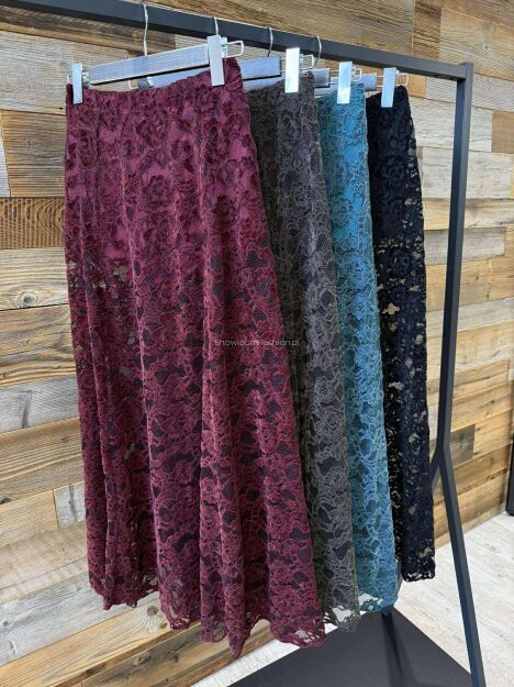 BY O LA LA! KORONKOWA SPÓDNICA MAXI Z SZORTAMI BORDO (MERLOT)