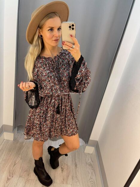 BY O LA LA! SUKIENKA BOHO W KWIATY BORDOWA