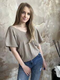 BY O LA LA! BLUZKA T-SHIRT V-NECK TAUPE