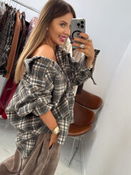 EMO OVERSIZOWA FLANELOWA KOSZULA W KRATĘ SZAROŚĆ/BEŻ/BIEL