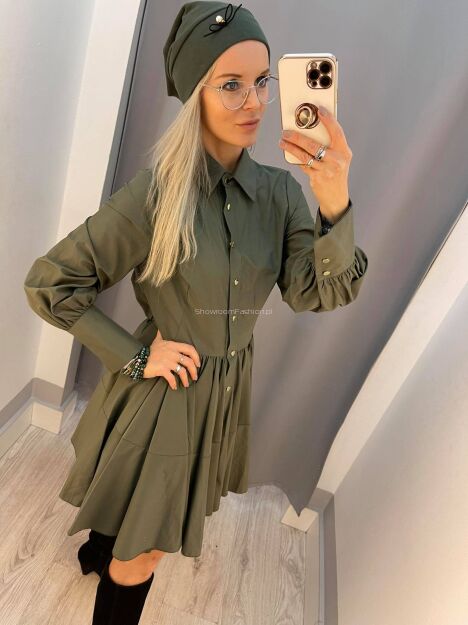 BY O LA LA! ROZKLOSZOWANA SUKIENKA KOSZULOWA ZIELONA