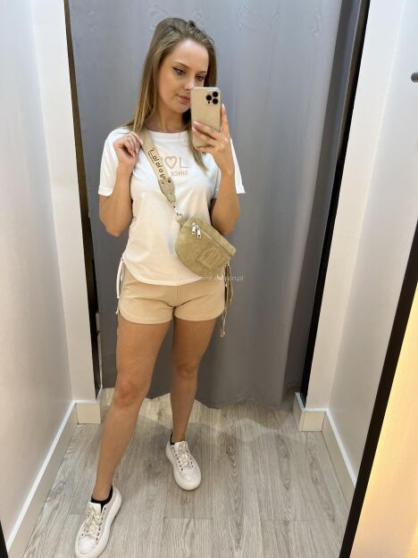 BY O LA LA...! KOMPLET 3-CZĘŚCI T-SHIRT + TOP + SZORTY BIAŁY/BEŻ