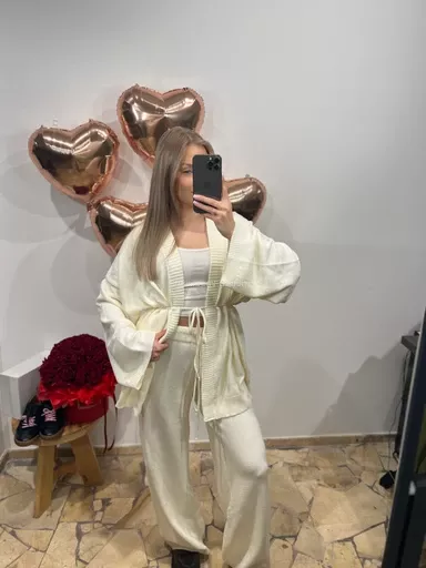 SEMPRE KOMPLET DZIANINOWY KIMONO + SPODNIE ŚMIETANA