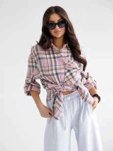 BY O LA LA! OVERSIZOWA KOSZULA W KRATĘ RÓŻ/SZAROŚĆ