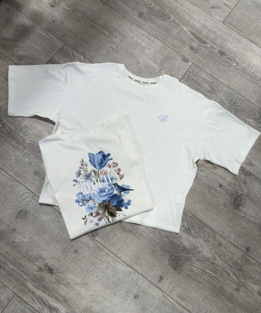 BY O LA LA! BLUZKA T-SHIRT PRINT KWIATY BIEL/NIEBIESKA
