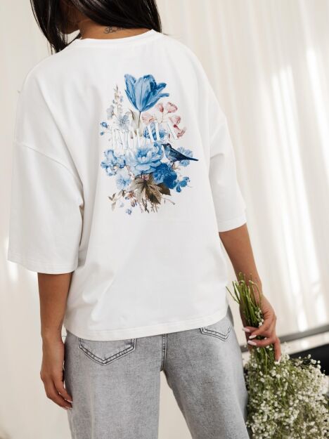 BY O LA LA! BLUZKA T-SHIRT PRINT KWIATY BIEL/NIEBIESKA