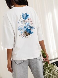 BY O LA LA! BLUZKA T-SHIRT PRINT KWIATY BIEL/NIEBIESKA