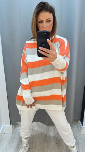BY O LA LA...! OVERSIZOWY SWETER W PASY BEŻ/ŚMIETANA/POMARAŃCZ