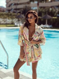 LA MILLA KOMPLET LNIANY KOSZULA KIMONO + SZORTY ŻÓŁTY/MULTICOLOR