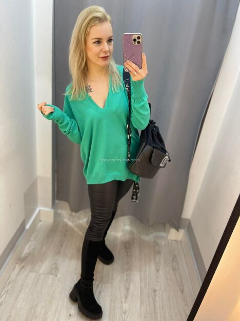 BY O LA LA...! DŁUGI SWETER V-NECK ZIELONY