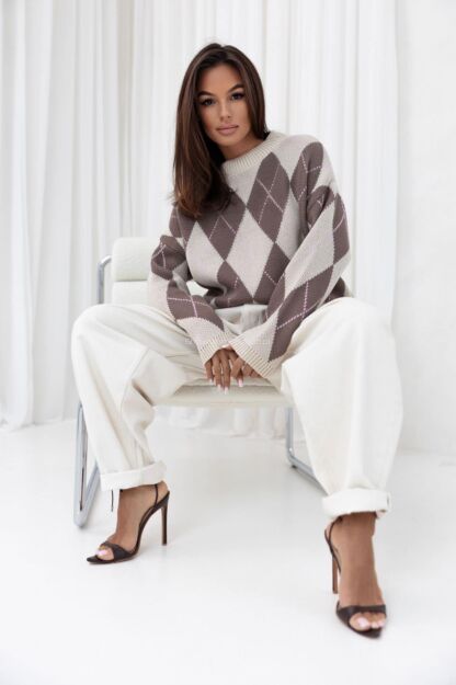 SEMPRE SWETER W ROMBY BEŻ/FANGO/RÓŻ