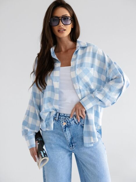 BY O LA LA! KOSZULA W KRATĘ Z DŻETAMI OFF WHITE/NIEBIESKA