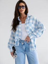 BY O LA LA! KOSZULA W KRATĘ Z DŻETAMI OFF WHITE/NIEBIESKA