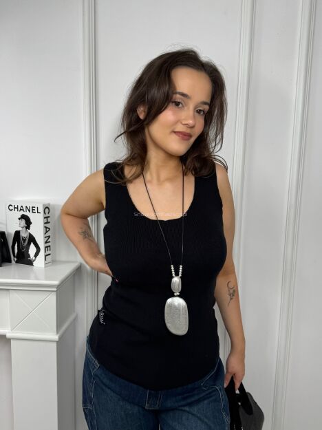 MINOUU BLUZKA TOP PRĄŻEK V-NECK CZARNY