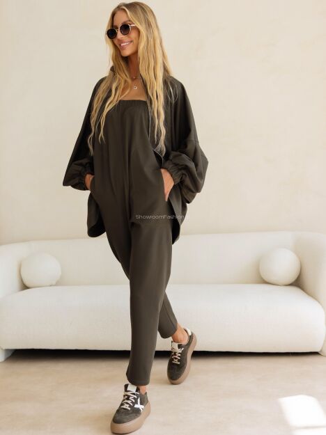 BY O LA LA...! KOMPLET BLUZA +  KOMBINEZON ŚPIOCHY OLIWKA (EUCALYPTUS OLIVE)