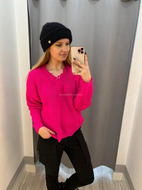 BY O LA LA.. ! SWETER VINTAGE Z DZIURAMI FLUO FUKSJA