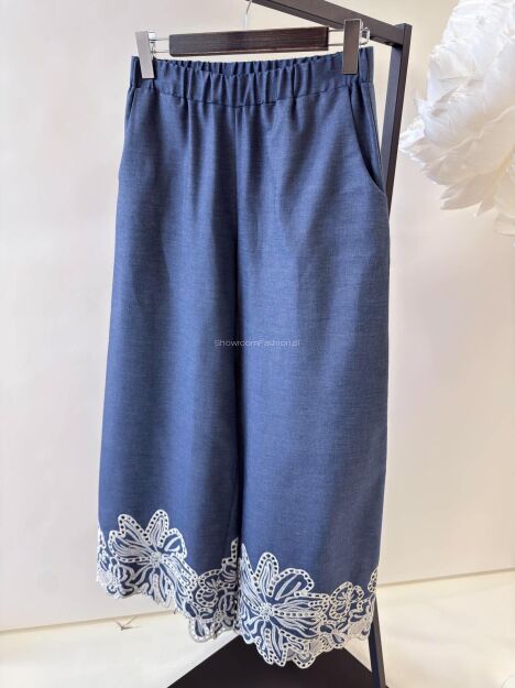 BY O LA LA...! SPODNIE WIDE LEG Z HAFTEM NIEBIESKIE