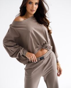 BY O LA LA! ASYMETRYCZNA BLUZA OVERSIZE RÓŻA STONE (BRĄZ/TAUPE)