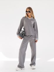 BY O LA LA...! KOMPLET BLUZA KOŁNIERZYK + SPODNIE SZARY