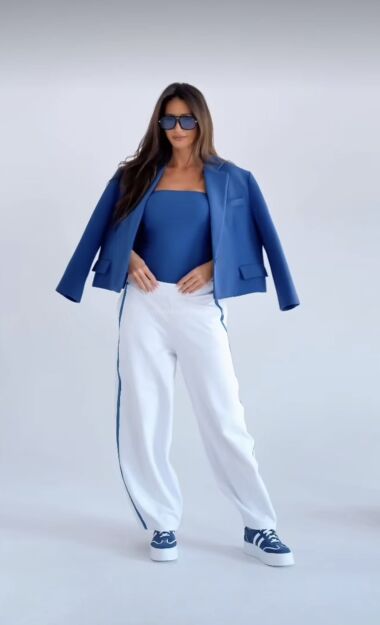 BY O LA LA! DRESOWE SPODNIE BALLOON Z LAMPASAMI OFF WHITE/DENIM