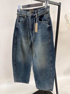 BY O LA LA! SPODNIE JEANSY BALLOON VINTAGE Z PASKIEM NIEBIESKIE