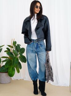 BY O LA LA! SPODNIE JEANSY BALLOON VINTAGE Z PASKIEM NIEBIESKIE