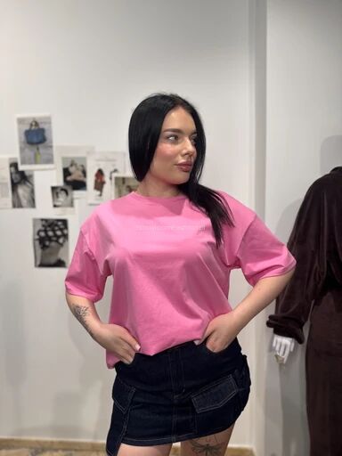 SEMPRE T-SHIRT OVERSIZE Z HAFTOWANYM LOGO HOT PINK