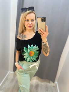 BY O LA LA! BLUZKA T-SHIRT MARGARETKA CZERŃ/MIĘTA