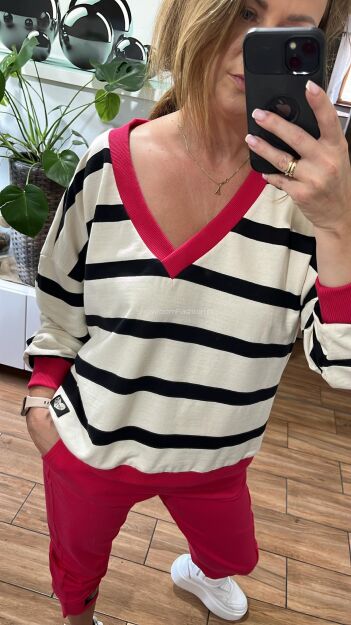 BY O LA LA! BLUZA W PASY V-NECK MAGENTA/KOKOS/CZARNA