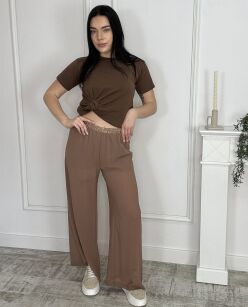 BY O LA LA!  LEKKIE SPODNIE WIDE LEG Z SZORTAMI MOKKA