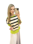 BY O LA LA! BLUZA W PASY ECRU/CZERŃ/LIMONKA - 7