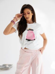 BY O LA LA! BLUZKA T-SHIRT PIESEK BIAŁA/RÓŻ