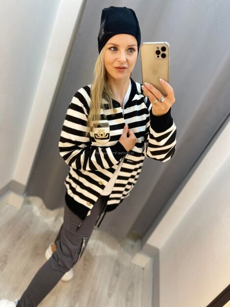 BY O LA LA! BLUZA BOMBER W PASY ECRU/CZARNA