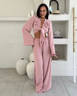 LA MILLA KOMPLET BLUZKA WIĄZANA + SPODNIE WIDE LEG RÓŻE RÓŻ
