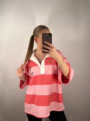 LA MILLA BLUZA POLO W PASY RÓŻ/CZERWIEŃ