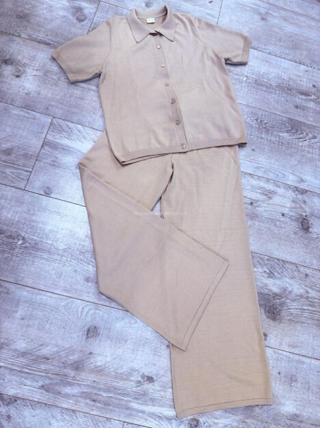 BY O LA LA...! KOMPLET DZIANINOWY BLUZKA + SPODNIE BEŻ (NUDE)