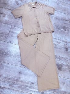 BY O LA LA...! KOMPLET DZIANINOWY BLUZKA + SPODNIE BEŻ (NUDE)