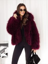 BY O LA LA! KRÓTKIE FUTERKO LAMA Z KAPTUREM BORDO (MERLOT)