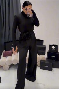 LA MILLA SPODNIE WIDE LEG Z RÓŻĄ CZARNE