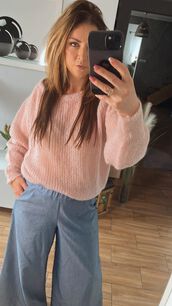 BY O LA LA...! OVERSIZOWY CIENKI SWETER AŻUR RÓŻ