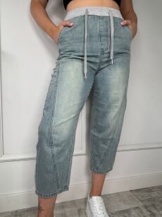 SPODNIE JEANSY BARREL Z DRESOWĄ GUMĄ NIEBIESKIE