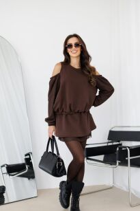 BY O LA LA...! KOMPLET BLUZA + SPÓDNICA Z KORONKĄ CHOCOMUS (CZEKOLADA)