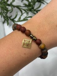 BY O LA LA ! BRANSOLETKA Z KAMIENI NATURALNYCH BRĄZ/ZŁOTY ROMB