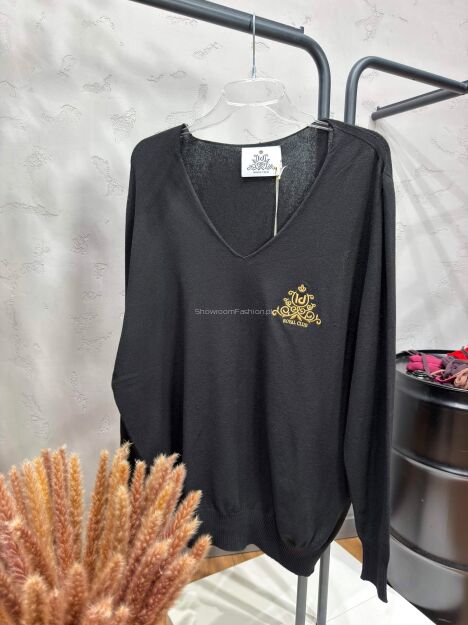 ROYAL CLUB SWETER V-NECK Z LOGIEM CZARNY