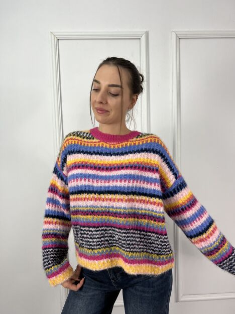 OVERSIZOWY SWETER PASY RÓŻ/MULTICOLOR