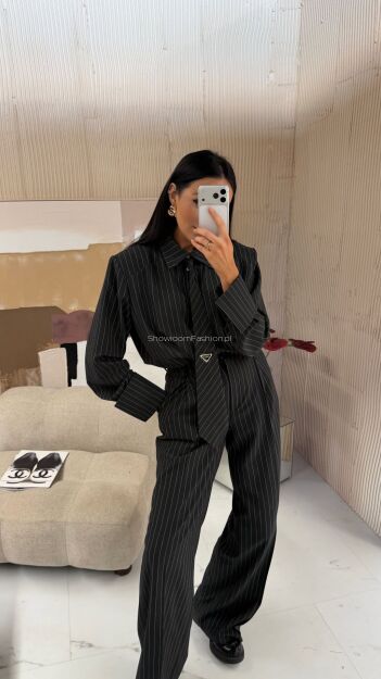 LA MILLA KLASYCZNE SPODNIE WIDE LEG W PASY GRAFIT/BIEL