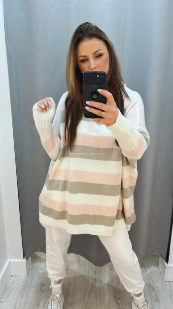 BY O LA LA...! OVERSIZOWY SWETER W PASY BEŻ/ŚMIETANA/RÓŻ